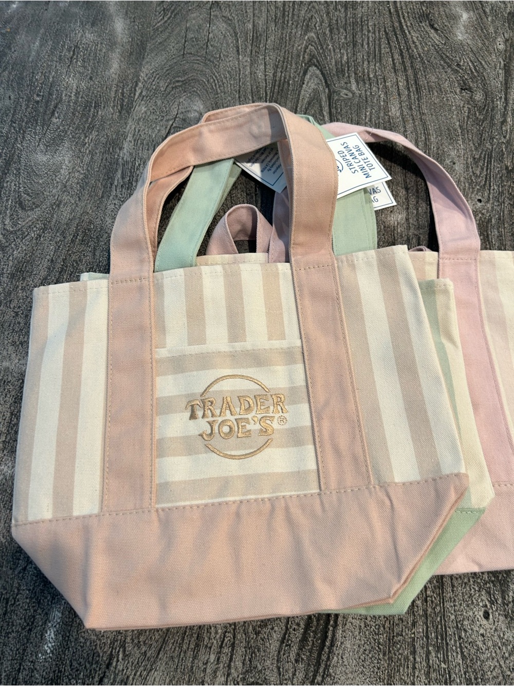 Trader Joe’s Striped Mini Canvas Tote Bags (4) Pink, Blue, Green, Tan - Picture 4 of 10